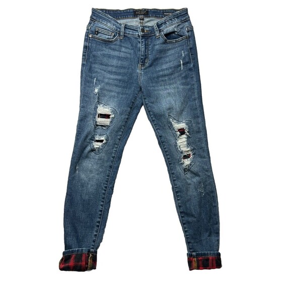 Judy Blue Jeans Skinny Fit Buffalo Plaid Distressed Peek-A-Boo Women's 7/28 - Picture 1 of 5
